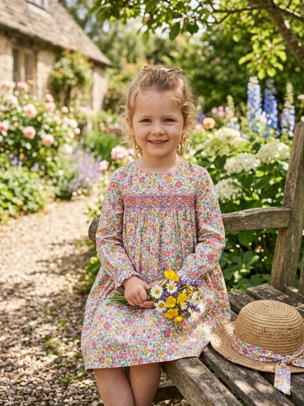 Mini Boden Floral Smocked Long Sleeve Dress little girls size 5-6 Years